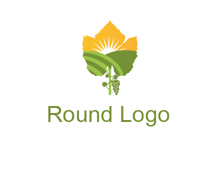 leaf shape cutout of sun and grape farm vineyard logo