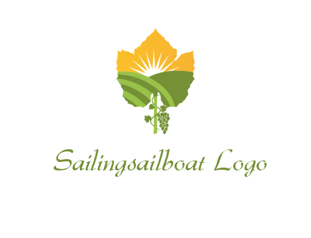 leaf shape cutout of sun and grape farm vineyard logo