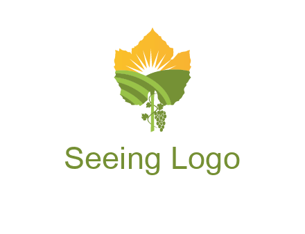 leaf shape cutout of sun and grape farm vineyard logo
