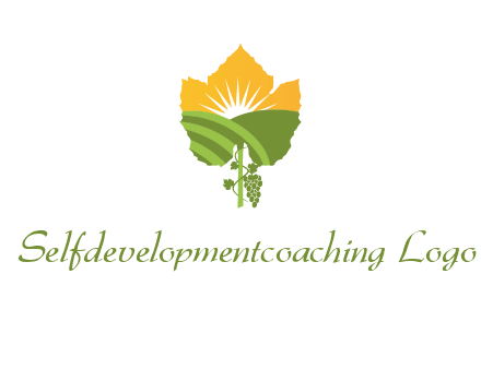 leaf shape cutout of sun and grape farm vineyard logo