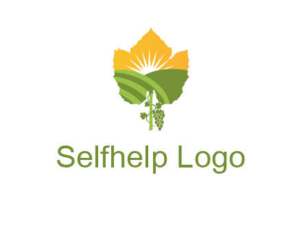 leaf shape cutout of sun and grape farm vineyard logo