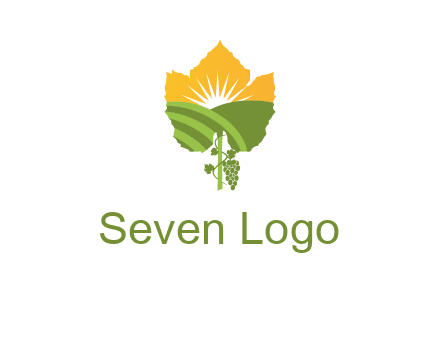 leaf shape cutout of sun and grape farm vineyard logo