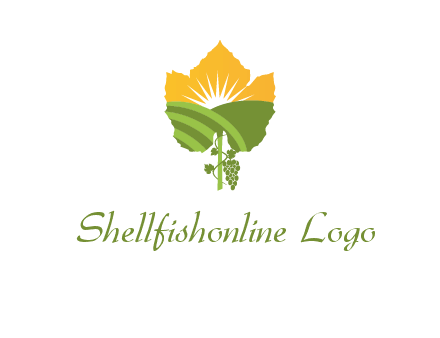 leaf shape cutout of sun and grape farm vineyard logo