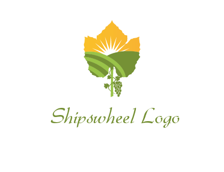 leaf shape cutout of sun and grape farm vineyard logo