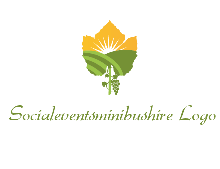 leaf shape cutout of sun and grape farm vineyard logo