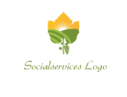 leaf shape cutout of sun and grape farm vineyard logo