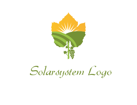 leaf shape cutout of sun and grape farm vineyard logo