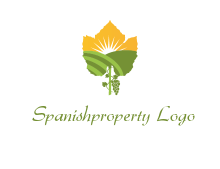 leaf shape cutout of sun and grape farm vineyard logo