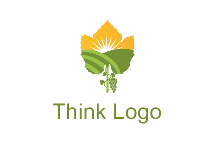 leaf shape cutout of sun and grape farm vineyard logo
