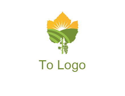 leaf shape cutout of sun and grape farm vineyard logo