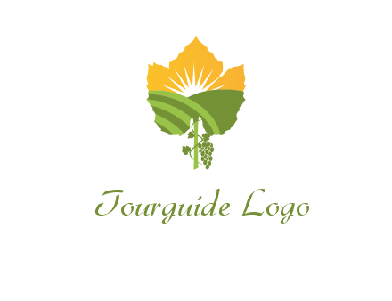 leaf shape cutout of sun and grape farm vineyard logo
