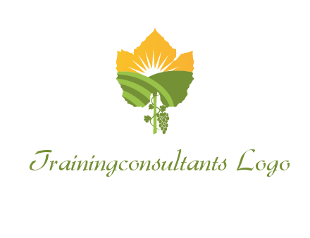 leaf shape cutout of sun and grape farm vineyard logo