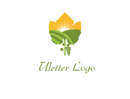 leaf shape cutout of sun and grape farm vineyard logo
