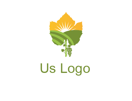 leaf shape cutout of sun and grape farm vineyard logo