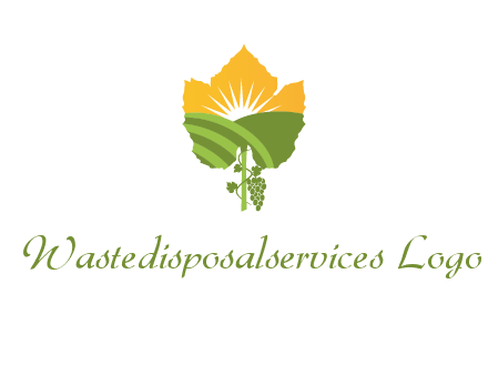 leaf shape cutout of sun and grape farm vineyard logo