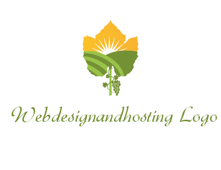 leaf shape cutout of sun and grape farm vineyard logo