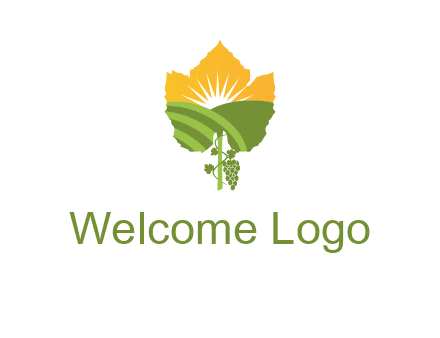 leaf shape cutout of sun and grape farm vineyard logo