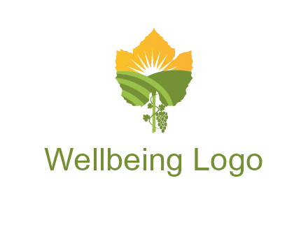 leaf shape cutout of sun and grape farm vineyard logo