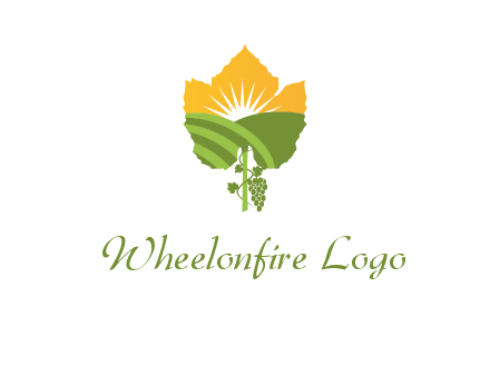 leaf shape cutout of sun and grape farm vineyard logo