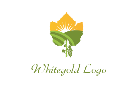 leaf shape cutout of sun and grape farm vineyard logo