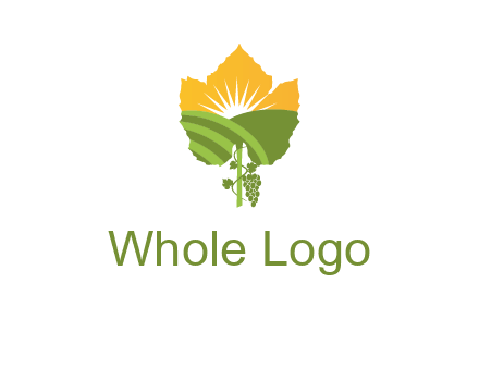 leaf shape cutout of sun and grape farm vineyard logo