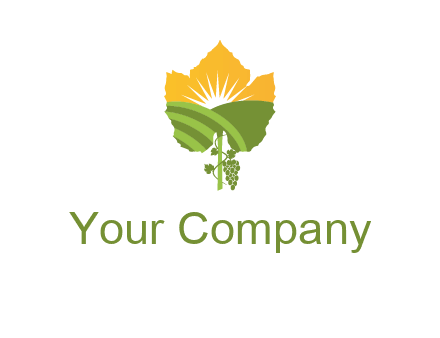 leaf shape cutout of sun and grape farm vineyard logo