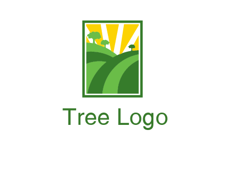 sun rays on trees and field agriculture logo