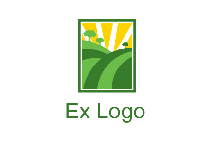 sun rays on trees and field agriculture logo