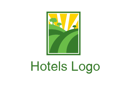 sun rays on trees and field agriculture logo