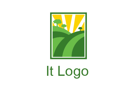 sun rays on trees and field agriculture logo