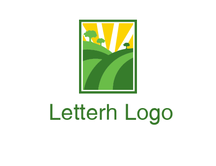 sun rays on trees and field agriculture logo