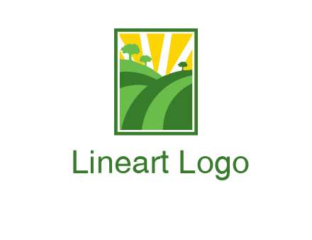 sun rays on trees and field agriculture logo