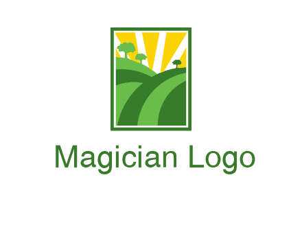 sun rays on trees and field agriculture logo