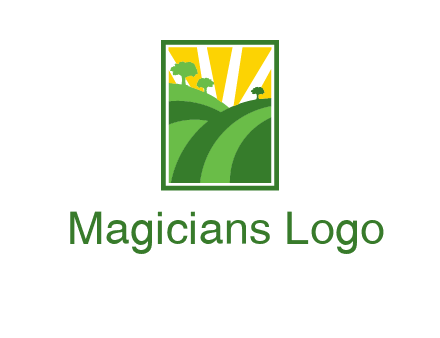 sun rays on trees and field agriculture logo