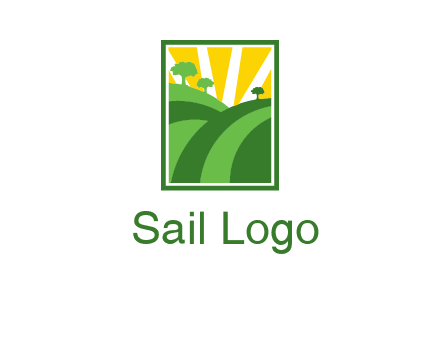 sun rays on trees and field agriculture logo