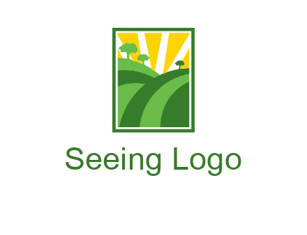 sun rays on trees and field agriculture logo