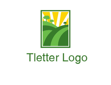 sun rays on trees and field agriculture logo
