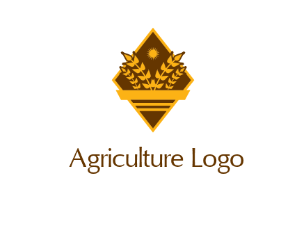 wheat stalks and sun in rhombus with ribbon agriculture logo