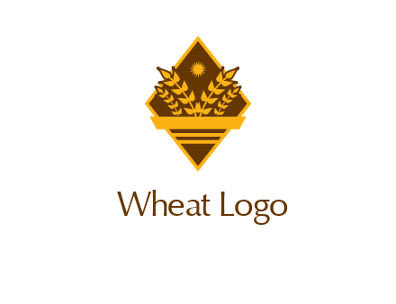 wheat stalks and sun in rhombus with ribbon agriculture logo