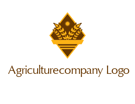 wheat stalks and sun in rhombus with ribbon agriculture logo