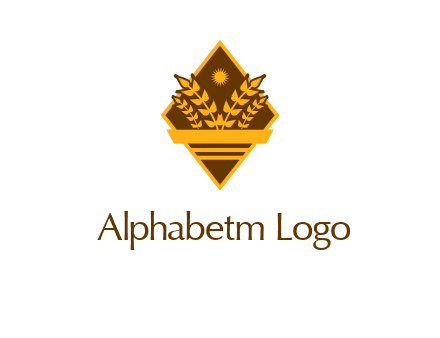 wheat stalks and sun in rhombus with ribbon agriculture logo