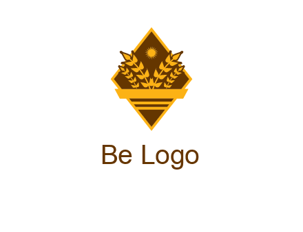 wheat stalks and sun in rhombus with ribbon agriculture logo