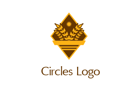 wheat stalks and sun in rhombus with ribbon agriculture logo