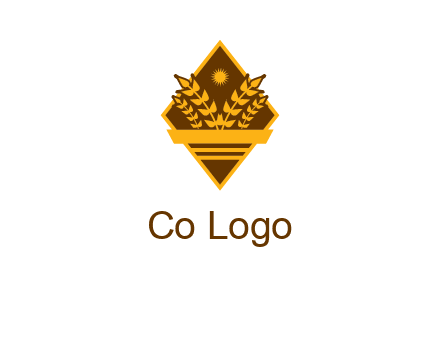 wheat stalks and sun in rhombus with ribbon agriculture logo