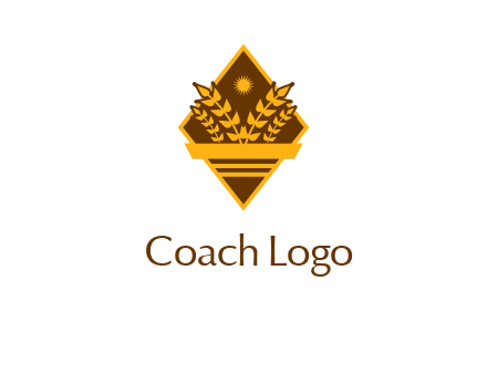 wheat stalks and sun in rhombus with ribbon agriculture logo