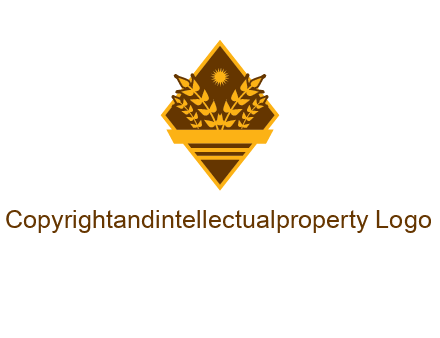 wheat stalks and sun in rhombus with ribbon agriculture logo