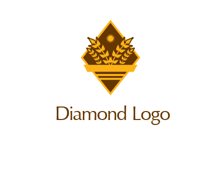 wheat stalks and sun in rhombus with ribbon agriculture logo