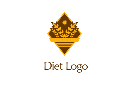 wheat stalks and sun in rhombus with ribbon agriculture logo