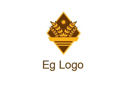 wheat stalks and sun in rhombus with ribbon agriculture logo