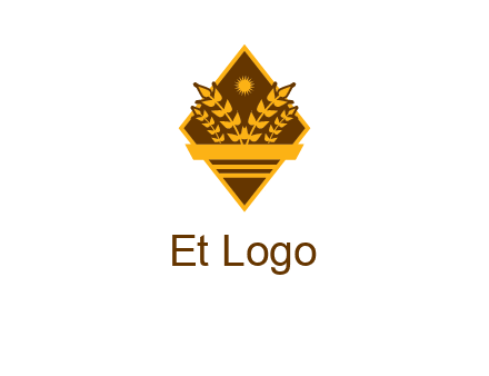wheat stalks and sun in rhombus with ribbon agriculture logo